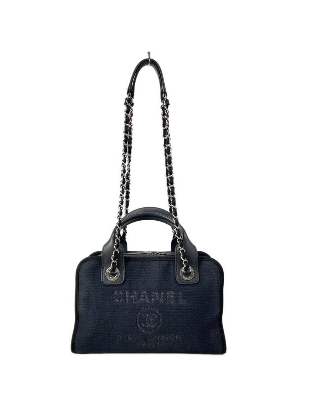 Chanel Shoulder Bag Deauville Line Black Metal 2-Way Chain Silver